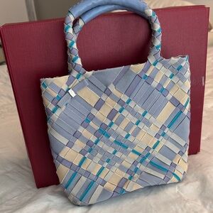 Salvatore Ferragamo Blue and Cream Woven Tote